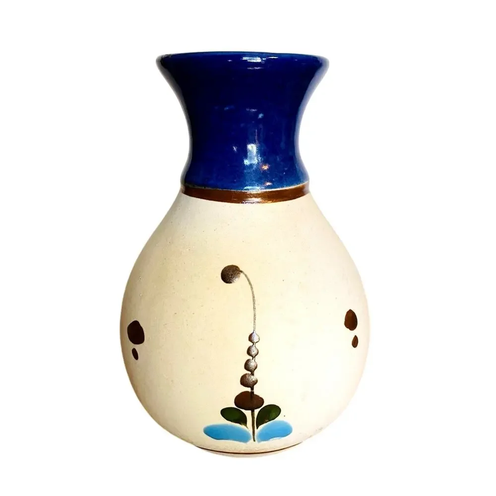 Vintage Tonala Mexico Hand Painted Pottery Vase Blue Neck Bird & Cattails